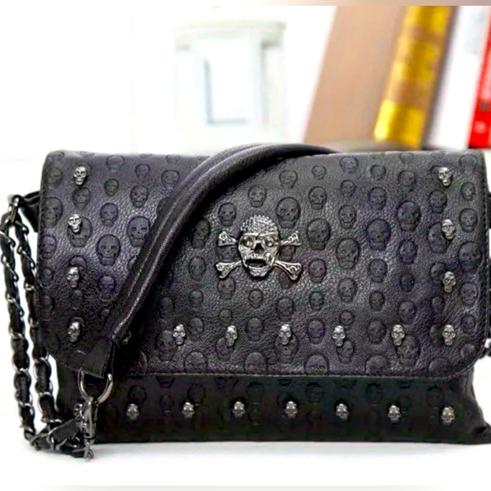 New - Unique - Faux Leather Shoulder Bag with Rivets & Edgy Skull Design - Black